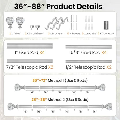 Silver Double Curtain Rod 48-84 Inch Heavy Duty Foil Resin Finial - color: Silver, size: 48-84"