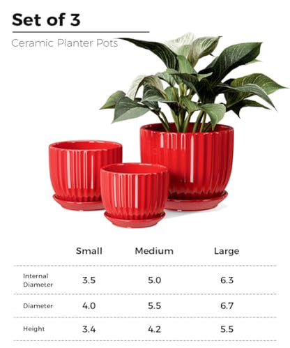 Ceramic Plant Pots Set of 3-Red Flower Pots with Drainage Holes and Saucers - color: Red