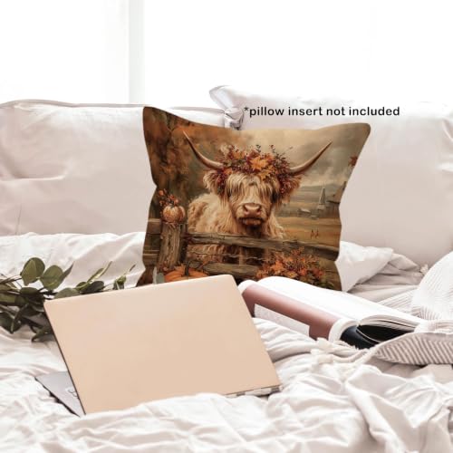 Rustic Fall Western Highland Cow Pumpkin Throw Pillow Covers 18x18 - color: Highland Cow-09