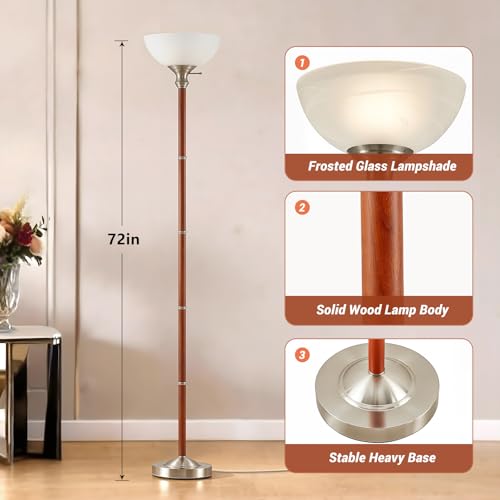 EJIAXIN 72" Wood Torchiere Floor Lamp with Glass Shade Nikel Standing Lamp - color: Brushed Nikel