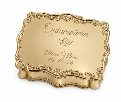 Cherished Moments Personalized Quinceañera Rectangle Jewelry Box - color: Gold Quinceanera