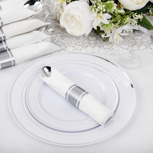 WELLIFE 210 Piece Silver Plastic Dinnerware Set for 30 Guests, Include: 30 Dinner Plates, 30 Dessert Plates, 30 Pre Rolled Napkins with Silverware and 30 Silver Cups - color: Silver, style: 210PCS（30 Guests）