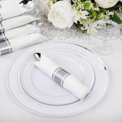 WELLIFE 210 Piece Silver Plastic Dinnerware Set for 30 Guests, Include: 30 Dinner Plates, 30 Dessert Plates, 30 Pre Rolled Napkins with Silverware and 30 Silver Cups - color: Silver, style: 210PCS（30 Guests）