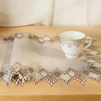 2 Pcs Lace Doily, 16"*35" Rectangle Neutral Earth Tones Beige Lace Coffee Table Topper Linen Style Tablecloth Placemats with Embroidery Edge for Dining Room - size: 16*35"