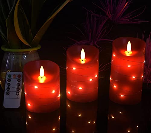 Red LED flameless Candle with Embedded Starlight String, 3 LED Candles, 10-Key Remote Control, 24-Hour Timer Function, Dancing Flame, Real Wax, Battery Powered. (Red - color: Red