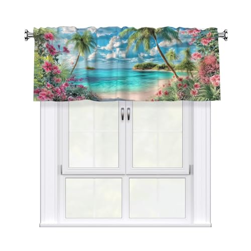 Beach Palm Tree Curtain Valance 54x18 Inches Window Treatment Rod Pocket Valance for Kitchen Bathroom Bedroom - color: Beach Palm Tree