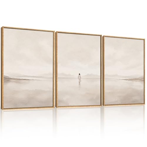 Large Abstract Jesus Christian Framed Canvas Wall Art,Neutral Beige Lake Wall Decor,Walking On Water Watercolor Art Prints,Religious Artwork for Living Room,Prayer Room,Church-24 x36 x3 - color: Christian Neutral Wall Art, size: 24"L x 36"W