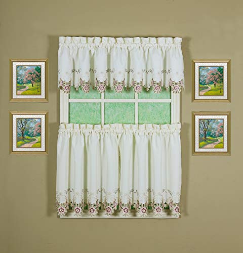 Today's Curtain Verona Reverse Embroidery Tier, 30", Ecru/Rose, 60"W X 30"L - color: Ecru/Rose, size: 60"W x 30"L (Pack of 1)