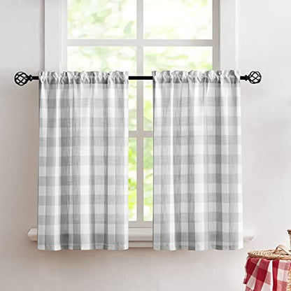 Plaid Kitchen Tier Curtains for Basement Laundry 27x24 Grey White Check 2pc - color: Grey and White, size: 24"W x 24"L (Pack of 2)