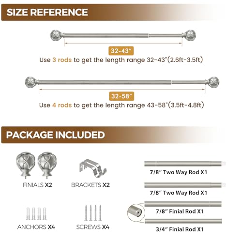 KAMANINA Curtain Rod 32 to 58 Inch, Antique Silver Adjustable Drapery Rods - color: Antique Silver, size: 32-58"