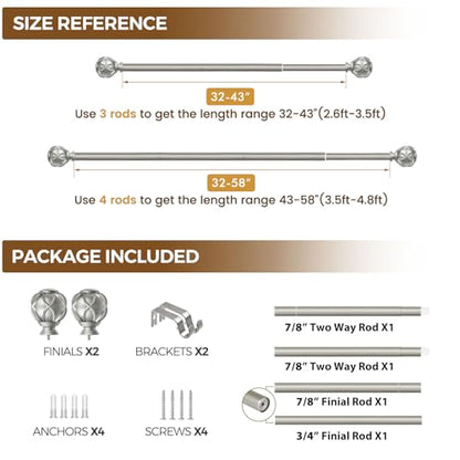 KAMANINA Curtain Rod 32 to 58 Inch, Antique Silver Adjustable Drapery Rods - color: Antique Silver, size: 32-58"