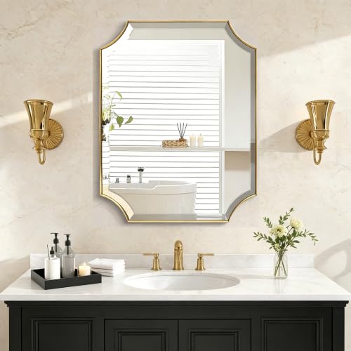 POZINO 30"x22" Premium Brushed Gold Rectangle Beveled Mirror for Bathroom - color: Brushed Gold Scalloped, size: 30"L x 22"W