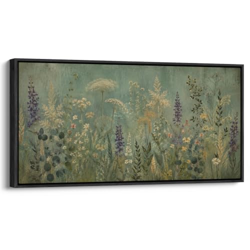 wall26 Extra Large Framed Wall Art Canvas Print - Sage Green Vintage Wildflower Botanical - Contemporary Artwork for Living Room Bedroom Office - 60"x30" Black - color: A07-2607-ANG16, size: 60"L x 30"W, style: Black Frame