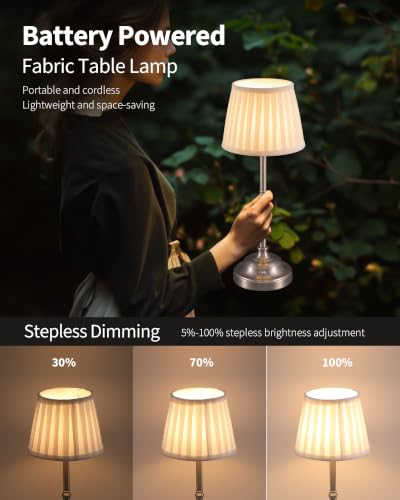 KDG Nickel Cordless LED Table Lamps Set of 2, Beige Fabric Shade Desk Lamps - color: Nickel + Beige Lampshade (2 Pack)