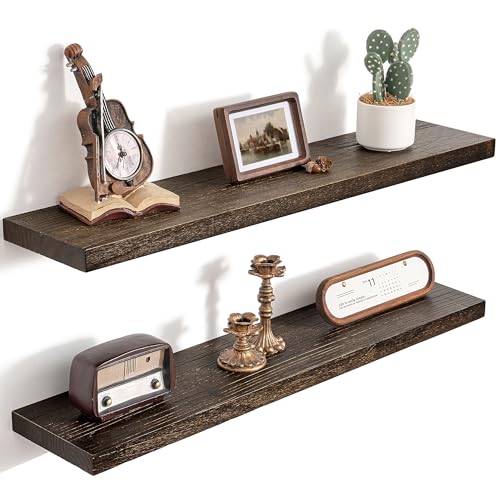 RICHFOCUS 36inch Walnut Floating Shelves for Wall, 8" Deep High End Solid Real Wood Wall Shelves for Bathroom, Rustic Wooden Floating Shelves with Invisible Brackets for Books Storage Decor, Set of 2 - color: Walnut, size: 36inch
