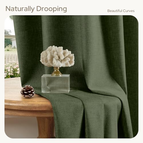 HOMEIDEAS 100% Blackout Olive Green Faux Linen Curtains 96''L 2 Panels - color: Olive Green, size: 52"W x 96"L (Pack of 2)