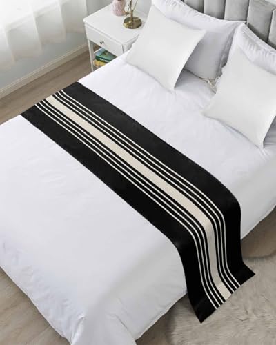 Black Beige Striped Bed Runner for Twin Size, Farmhouse Hotel Bed Scarf, Modern Farmhouse Retro Lines Decorative Beds Throws of Foot Bedding Runners & Scarves for Bedroom Wedding Room, 71 x 20 Inch - color: Black Beige, size: 71 x 20 Inch
