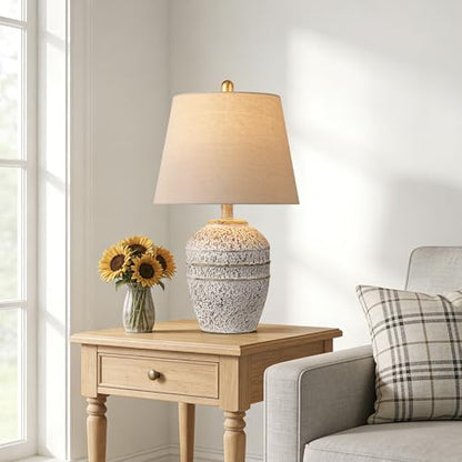 Farmhouse Ceramic Table Lamp, Natural Distressed Earth Tone Finish, Grey