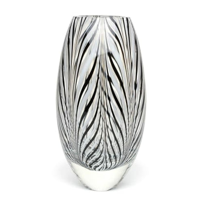 Murano Style Glass Vase Hand Blown Black and White Feather Pattern Effect - color: Black and White