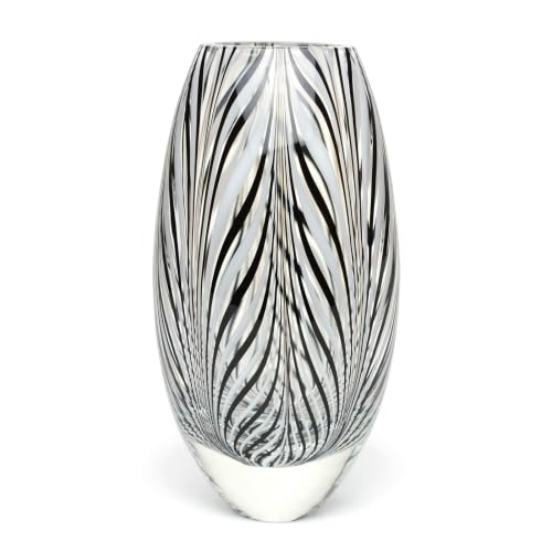 Murano Style Glass Vase Hand Blown Black and White Feather Pattern Effect - color: Black and White
