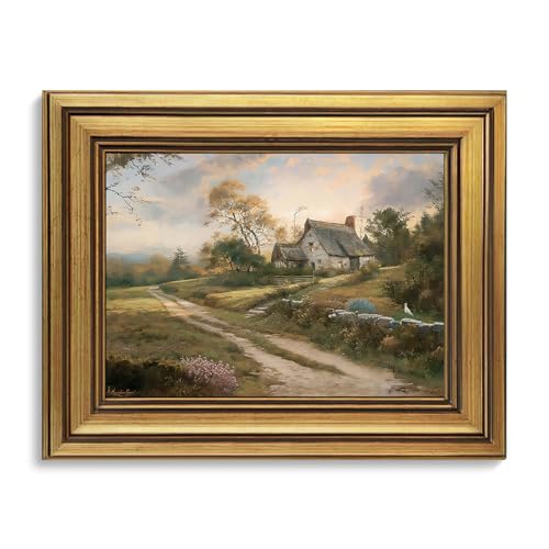 KBKBART Gold Framed Wall Art, Country Field House Path Canvas Prints - color: Countryside Cottage, size: 16"L x 12"W