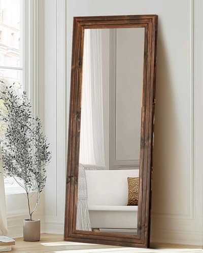 65x22in Full Length Mirror, 3-Tier Stepped Solid Wood Frame, Brown - color: Brown, size: 65"L x 22"W