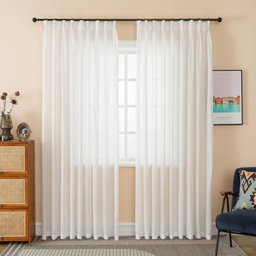 84 Inches Long Pinch Pleated Curtains White Semi Sheer Light Filtering Window Curtains for Living Room Bedroom 1 Panel Sliding Glass Door for Pinch Pleat Drapes, W52 x L84 - color: White, size: 52"W x 84"L (Pack of 1)