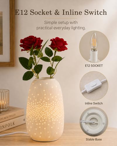 TACAHE Ceramic Vase Table Lamp, 2700K Bulb & 3 Artificial Flowers Included - style: Starry