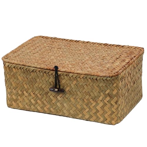 Seagrass Wicker Storage Basket with Lid, Medium, Natural - color: Natural, size: 10.23" x 6.3" x 4.13"