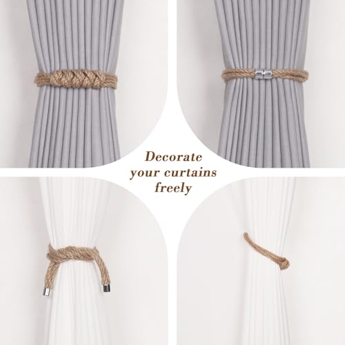 NICEEC 2 Pack Natural Jute Rope Curtain Tiebacks Elegant Boho Style Magnetic Drape Tie Backs Soft Hand-Woven Rope Curtain Holdbacks for Home & Office Drapery (Jute knot-04) - color: Jute Knot-04, size: 2 Pack