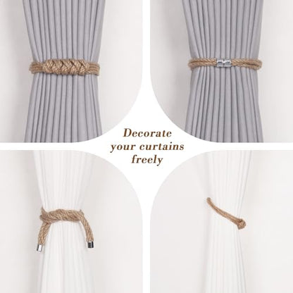 NICEEC 2 Pack Natural Jute Rope Curtain Tiebacks Elegant Boho Style Magnetic Drape Tie Backs Soft Hand-Woven Rope Curtain Holdbacks for Home & Office Drapery (Jute knot-04) - color: Jute Knot-04, size: 2 Pack