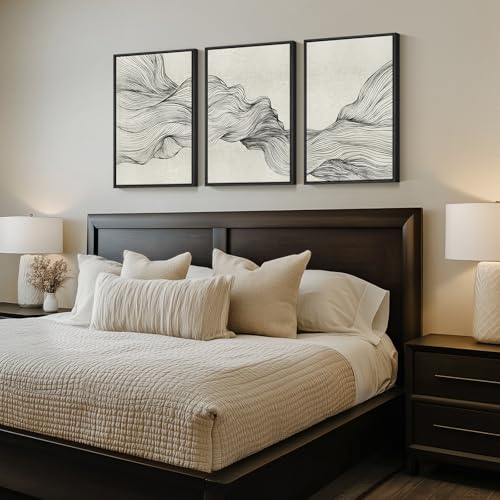 Framed Black and Beige Abstract Wall Art Set, 3 Piece Modern Canvas Prints - color: Flowing, size: 16" W x 24" H x 3Pcs