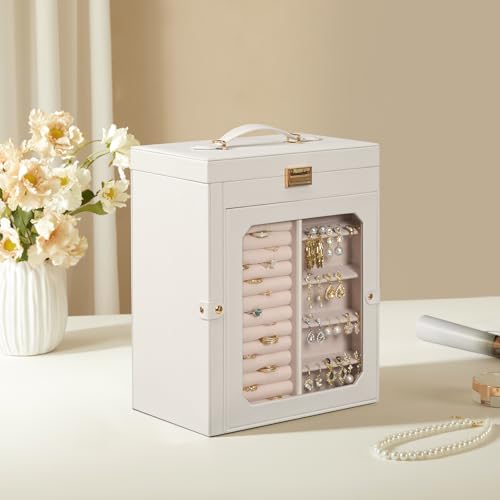 HOOBRO Jewelry Box with Mirror, Travel Jewelry Organizer with Glass Window - color: White + Gold
