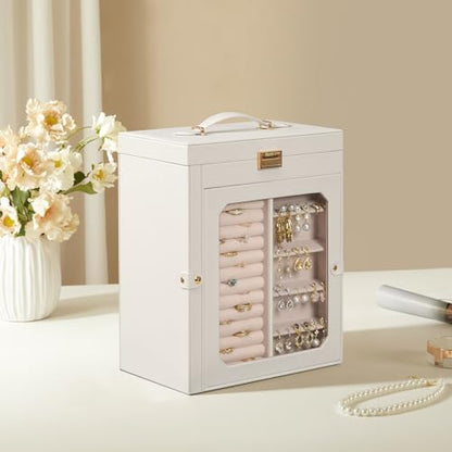 HOOBRO Jewelry Box with Mirror, Travel Jewelry Organizer with Glass Window - color: White + Gold
