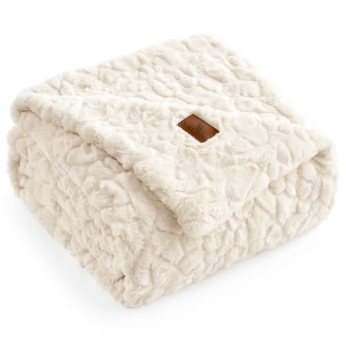 Cozy Bliss Faux Fur Throw Blanket for Couch, Fuzzy Soft Plush Thick Warm Fluffy Reversible Wave Textured Blanket for Sofa Bedroom Living Room, 55 * 70 Inches Cream White - color: Cream White, size: Throw(55" x 70")