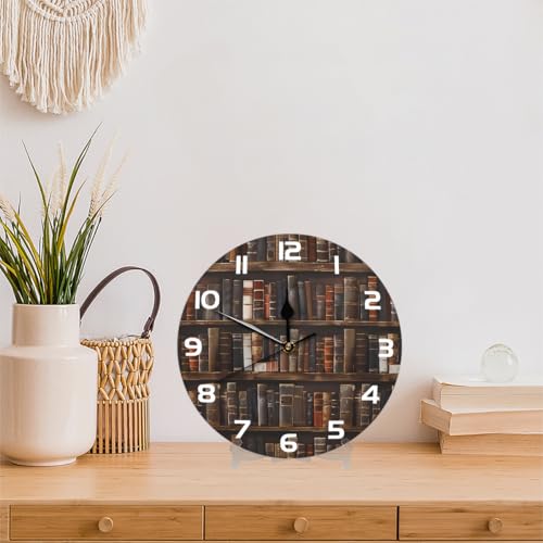 Retro Bookshelf Books Wallpaper Wall Clock Battery Operated 10 in Round Wall Clocks Slilent Non Ticking Quartz Analog Clock for Bedroom Kids Living Room Classroom Decor - color: Retro Bookshelf Books Wallpaper