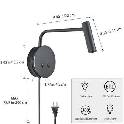 Matte Black Wall Mounted Reading Light, 3000K Flexible Headboard Reading Sconces with On Off Switch Control, Plug in/Hardwired Wall Light Fixtures with Night Light for Bedside Bedroom Bunk - color: Black-1Pack