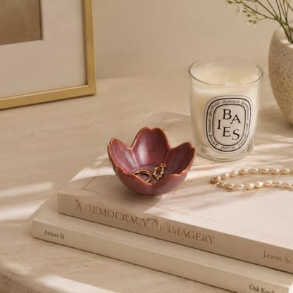 Floral Ceramic Jewelry Tray, 3.5" Ring Holder Trinket Bowl - color: purple