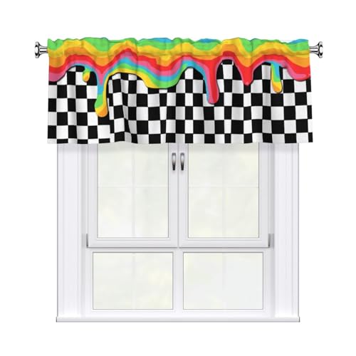 Rainbow Checkerboard Curtain Valance Short Rod Pocket Window Treatment for Living Room Bedroom Kitchen Bathroom 1 Panel 54" W x 18" L - color: Rainbow Checkerboard