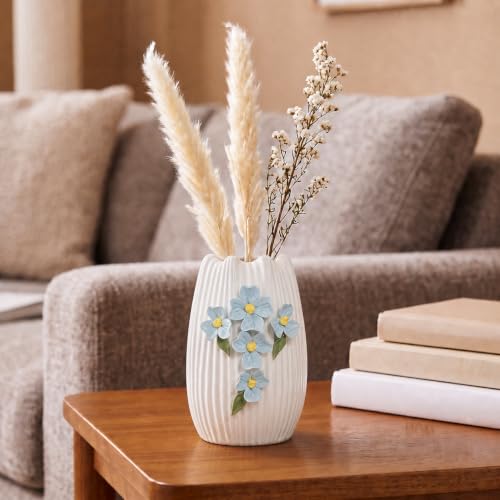 White Ceramic Vase, 7 inch Small Boho Vases, 3D Sculpted - color: White and Light Blue, size: 7 inch