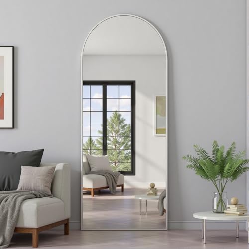 Prywot Full Length Mirror, 64"x21" Arched Floor Mirror with Stand, White - color: White, size: 64"L x 21"W