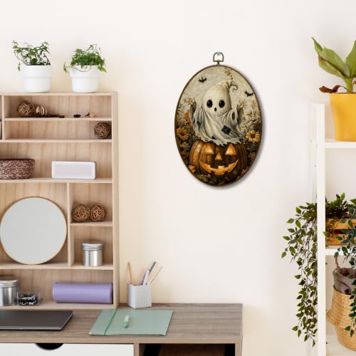 JQF Halloween Pumpkin Witchy Ghost Oval Wall Decor Framed 8.5x11.5 Inch - color: fall ghost-1