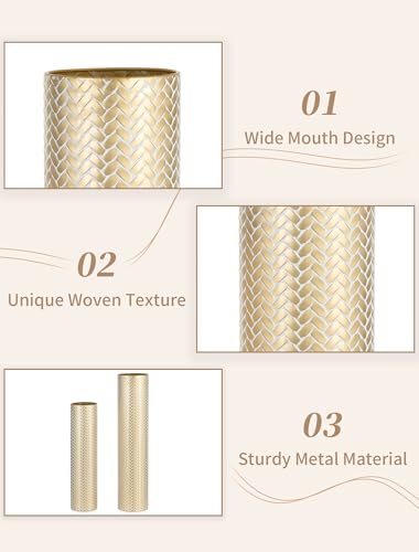 Sziqiqi Tall Gold Floor Vase, Metal Floor Standing with Woven Texture, 2Pcs - color: Gold
