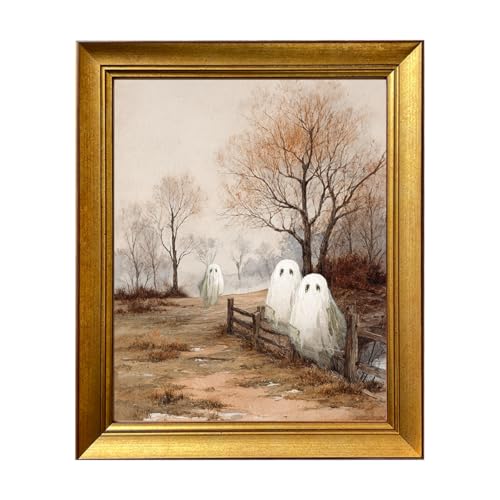 Gold Framed Vintage Halloween Wall Art, Rustic Landscape Home Decor, Cute Ghost Canvas Painting Picture, Aesthetic Halloween Wall Decoration, 10x12in Ready to Hang - color: Ghosts on Autumn Path Spooky Countryside Scene, size: 12"L x 10"W