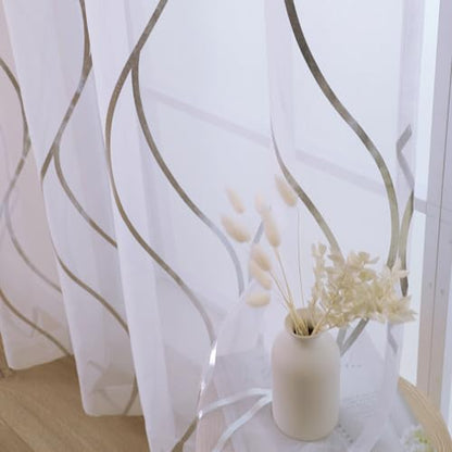 L.Z.E White and Silver Curtains for Living Room, See Through White Sheer Curtains 84 Inches Long 2 Panels Set, Grommet Transparent Window Drapes with Elegant Wave Patterns - color: (Grommet) Silver Waves, size: 54"W x 84"L (Pack of 2)