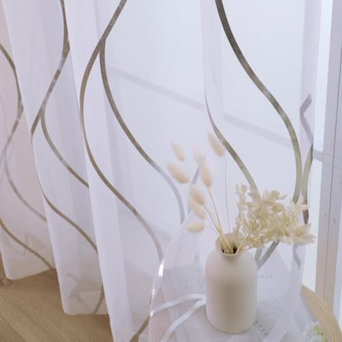 L.Z.E White and Silver Curtains for Living Room, See Through White Sheer Curtains 84 Inches Long 2 Panels Set, Grommet Transparent Window Drapes with Elegant Wave Patterns - color: (Grommet) Silver Waves, size: 54"W x 84"L (Pack of 2)