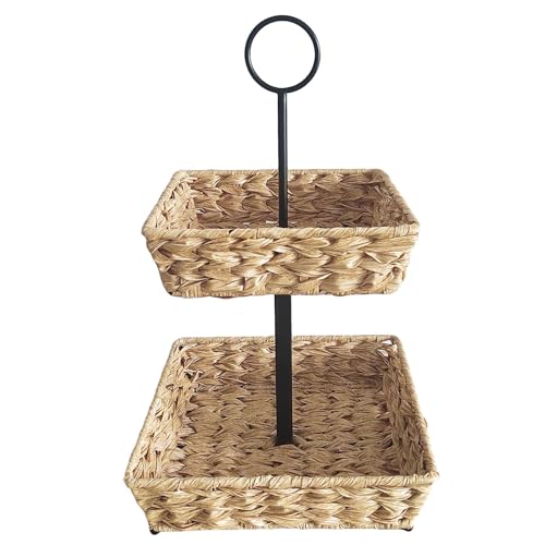 2 Tier Wire Fruit Basket with Rattan | Square Metal Standing Baskets| Handwoven Fruit and Vegetable Storage Organizer |Stackable Candy Organizer|Multi-Function Snack Rack&Shelf for Chips