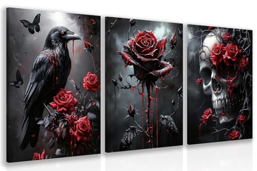 Hianan Wrapped Canvas Dark Goth Crow Rose Skull Wall Art Set of 3, 12x16 in - color: Black-Red, size: 16"L x 12"W