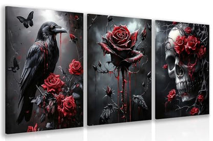 Hianan Wrapped Canvas Dark Goth Crow Rose Skull Wall Art Set of 3, 12x16 in - color: Black-Red, size: 16"L x 12"W