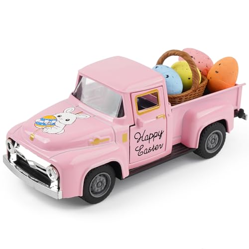 Spring Truck Decor, Pink Egg Bunny Truck Decorations for Home Indoor, Mini Basket Eggs Truck Tiered Tray Decor, Spring Rustic Farmhouse Kitchen Tabletop Decorations for Office - color: Spring Pink